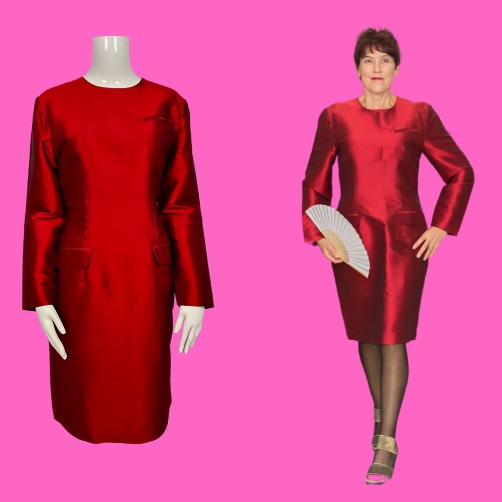 Size L Custom Ruby Red Shinawatra Thai Silk Dress Front Pocket Elegant Event
